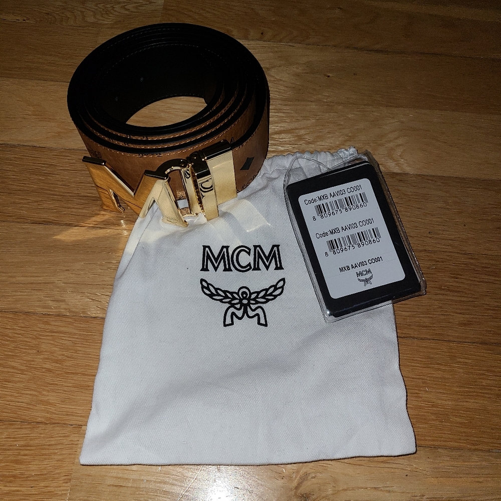 MCM Men's Claus M Belt 1.75" In Visetos COGNAC/GOLD